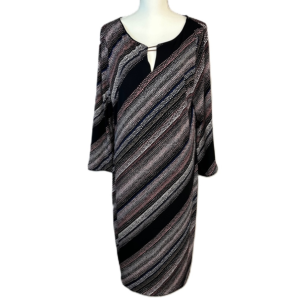 WHBM‎ Womens Midi Shift Dress Sz XL Long Sleeve Stretch Boat Neck Black Striped